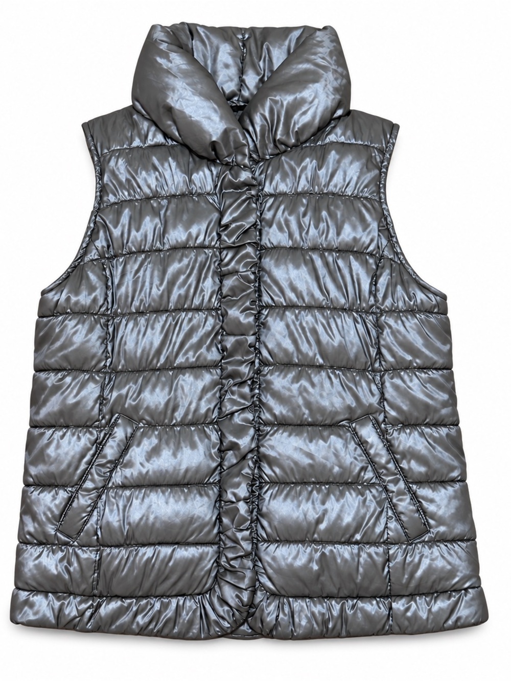 Coldwater Creek Metallic Pewter Ruffle Puffer Vest M 10-12